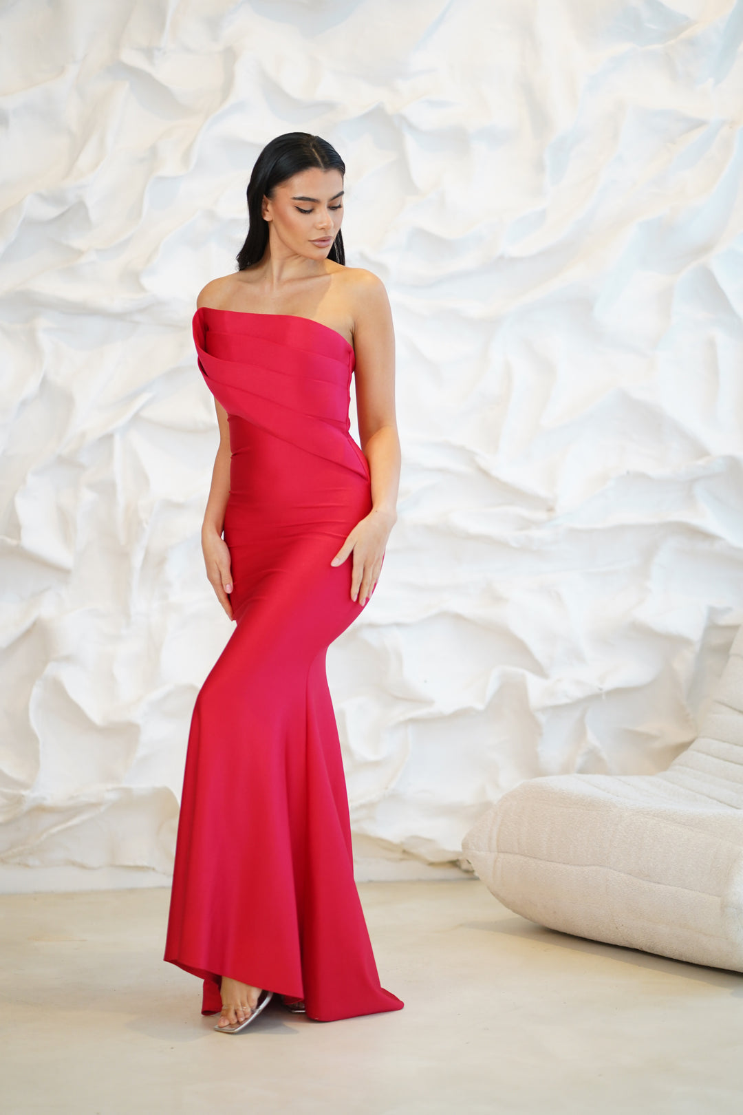 strapless open back dress Arabelle High Neck Satin Maxi Dress